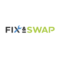 fix&amp;swap blue green and black logo with a bar below the &amp; an arrow in the P and a tool to indicate a repair to complete the X